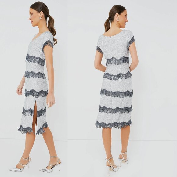 Batsheva NEW Octavia Cocktail Party Formal Midi Dress in Silver Sequin Size 6 - Picture 4 of 13